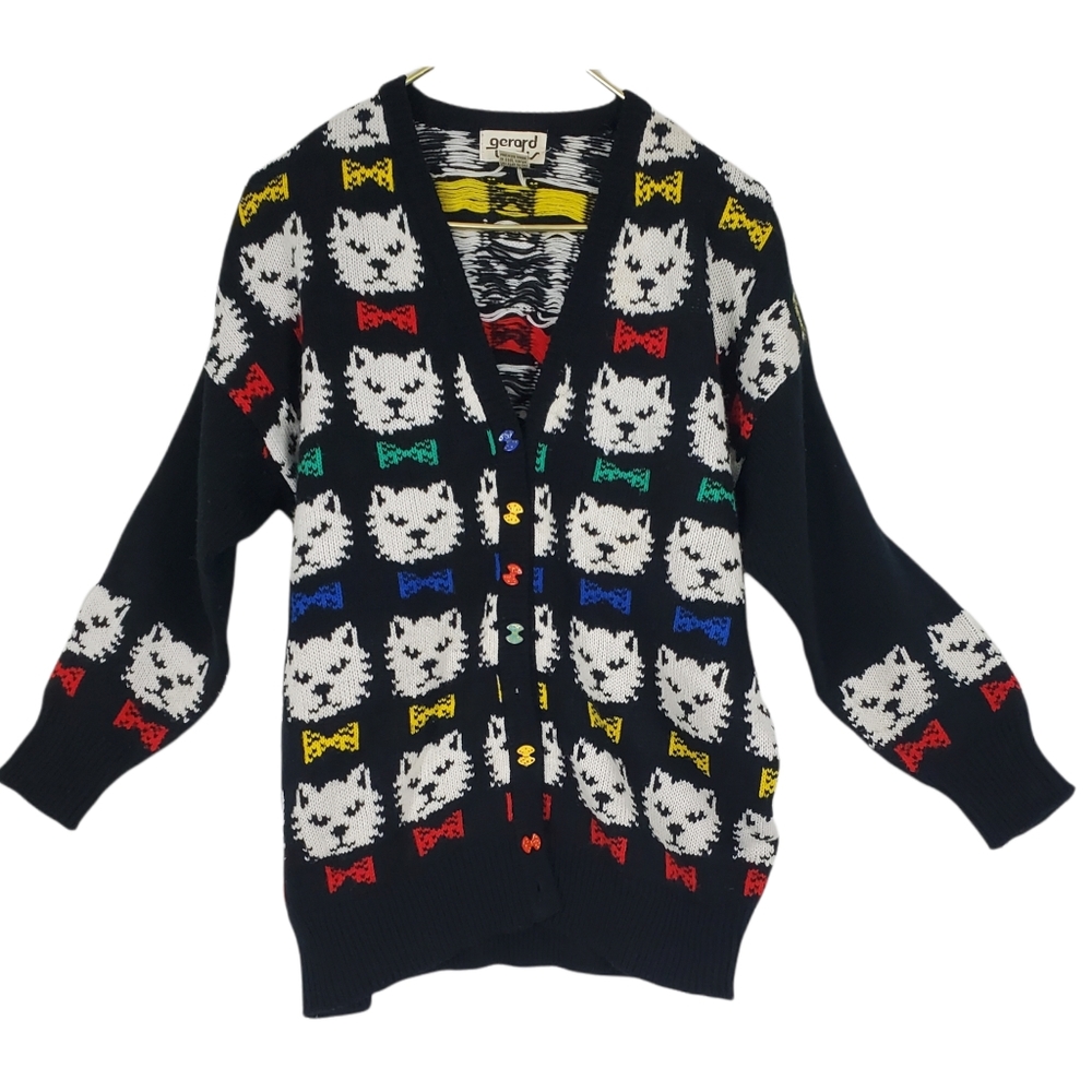 Knitted  Button-down Sweater with Westie Pattern and Bow Tie Buttons.